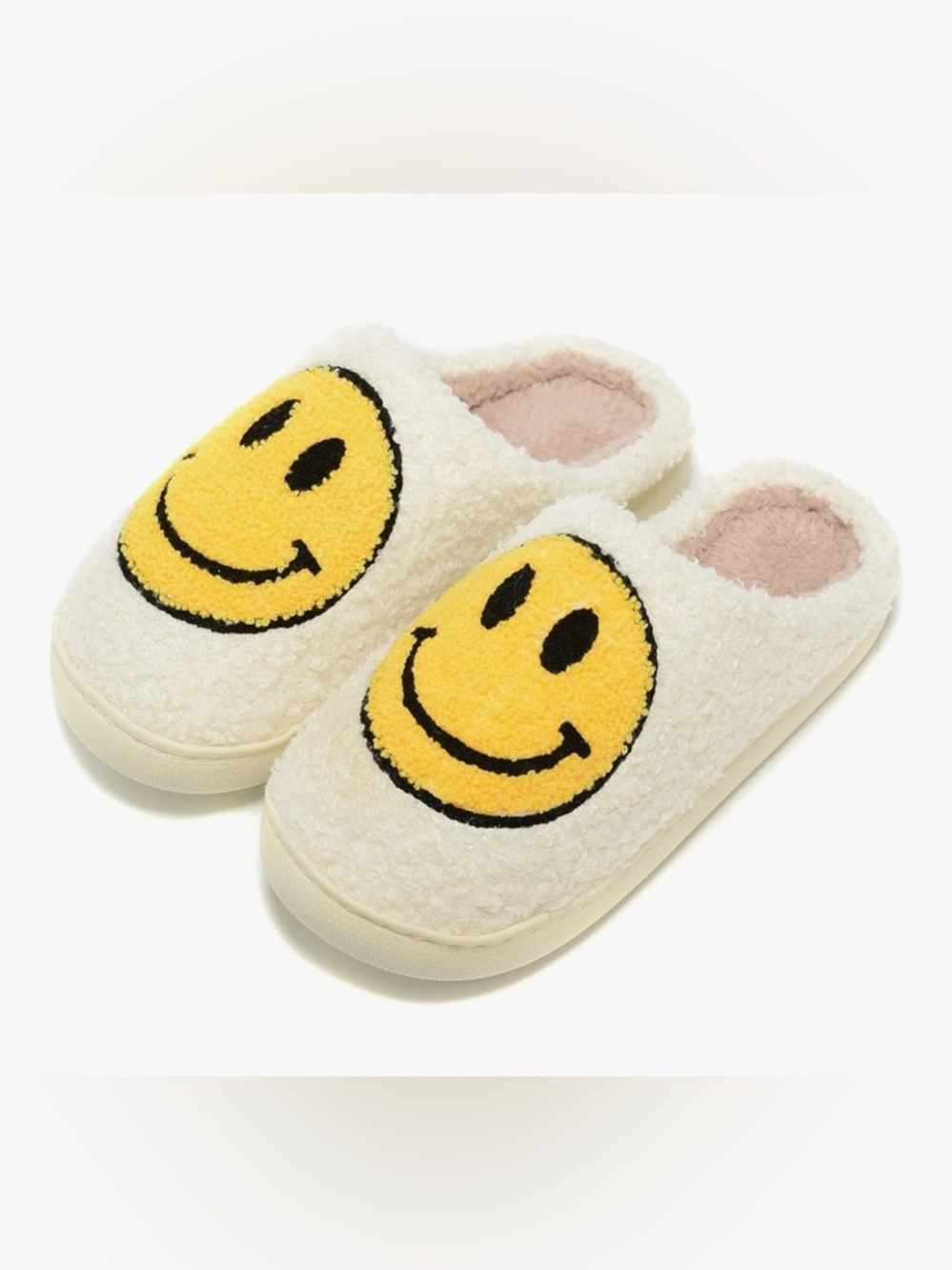 Cozy Smile Faux-Sherpa Slip-On Slippers - Cream with Yellow Smiley